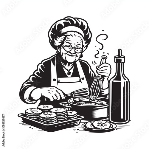 Grandmother's Delicious Treats - A Retro Black and White Illustration. Vintage-style illustration of a grandmother in a chef's hat and apron, meticulously preparing a batch of sweet treats.