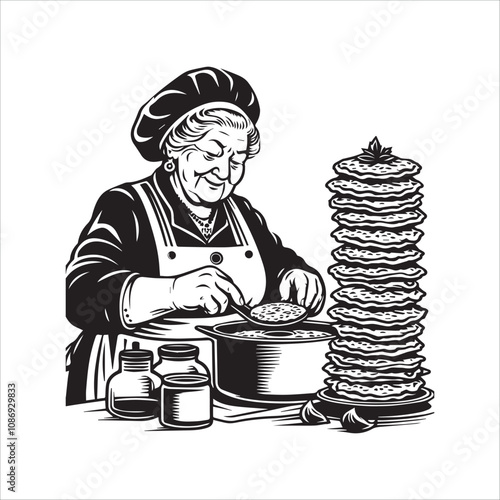 Grandmother's Delicious Treats - A Retro Black and White Illustration. Vintage-style illustration of a grandmother in a chef's hat and apron, meticulously preparing a batch of sweet treats.