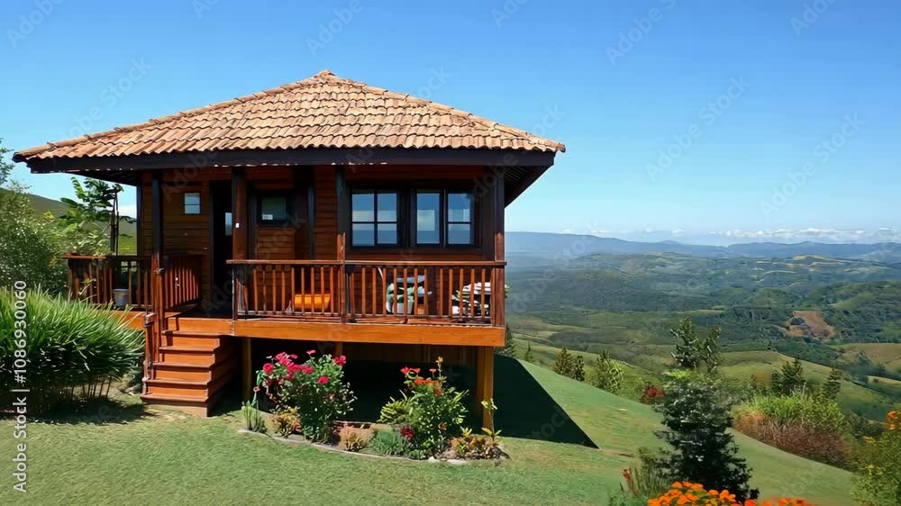 A small, rustic wooden cabin with a tiled roof and a spacious deck overlooks a vast, rolling green valley under a clear blue sky A small, rustic wooden cabin with a tiled roof and a spacious deck overlooks a vast, rolling green valley under a clear blue sky
