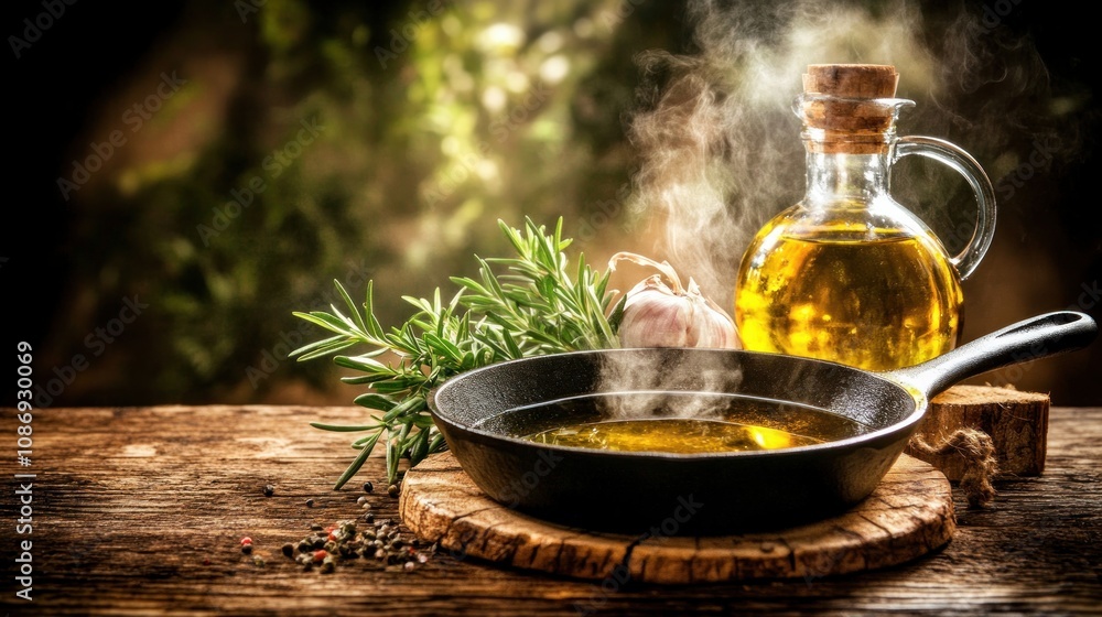 Cooking fresh garlic and herbs in olive oil rustic kitchen food photography warm atmosphere close-up Cooking fresh garlic and herbs in olive oil rustic kitchen food photography warm atmosphere close-up