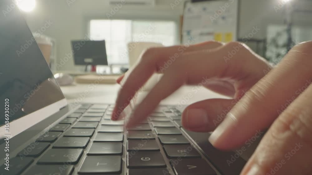Macro close up of Unknown woman hands typing on computer keyboard in office. Dolly shot fingers pressing buttons on laptop. Programming, text chat online messaging and send emails marketing business.