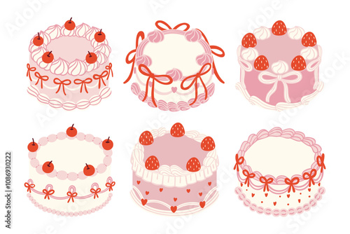 Vintage Round Cake Pink Tone Vector Illustration with Cherries, Strawberry, Whipped Cream, Coquette Ribbon and Heart Shape