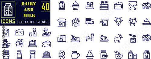 Dairy products line icon set. Cottage cheese, sour cream, porridge, kefir, parmesan, mozzarella, gouda, yogurt vector illustrations.