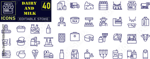 Dairy products line icon set. Cottage cheese, sour cream, porridge, kefir, parmesan, mozzarella, gouda, yogurt vector illustrations.