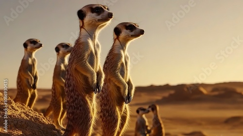 A group of meerkats standing upright, scanning the horizon for danger.