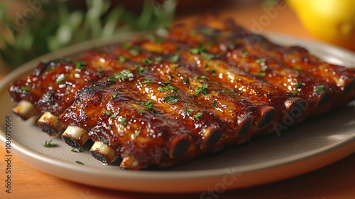 Delicious honey BBQ grilled pork ribs yummy grilled meat sweet and sour sauce vegetables fresh orange background. food photography advertising fashion restaurant cuisine gourmet wallpaper