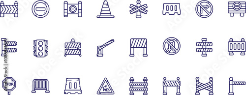 Road block and pedestrian barrier editable stroke thin linear outline icons .