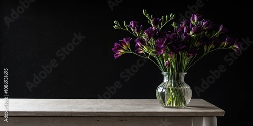 Dark purple freesia flowers in a vase on a minimalist table against a black background, purple flowers, simple, black