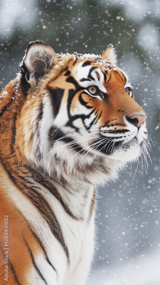 Side profile of a tiger with snowflakes on its fur, gazing into the distance Side profile of a tiger with snowflakes on its fur, gazing into the distance