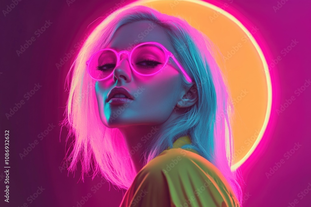 Beautiful woman with white hair, wearing neon pink glasses and a yellow shirt, standing in a bright, colorful studio. Beautiful woman with white hair, wearing neon pink glasses and a yellow shirt, standing in a bright, colorful studio.