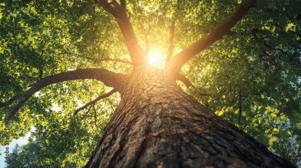 Naklejka premium Sunlight filtering through tree canopy forest nature photography vibrant environment ground-level view natural beauty