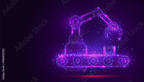 Silhouette of a robotic arm in action made of glowing, multicolored dots, resembling stars. The particles symbolize precision, innovation, and the automation of modern technology.