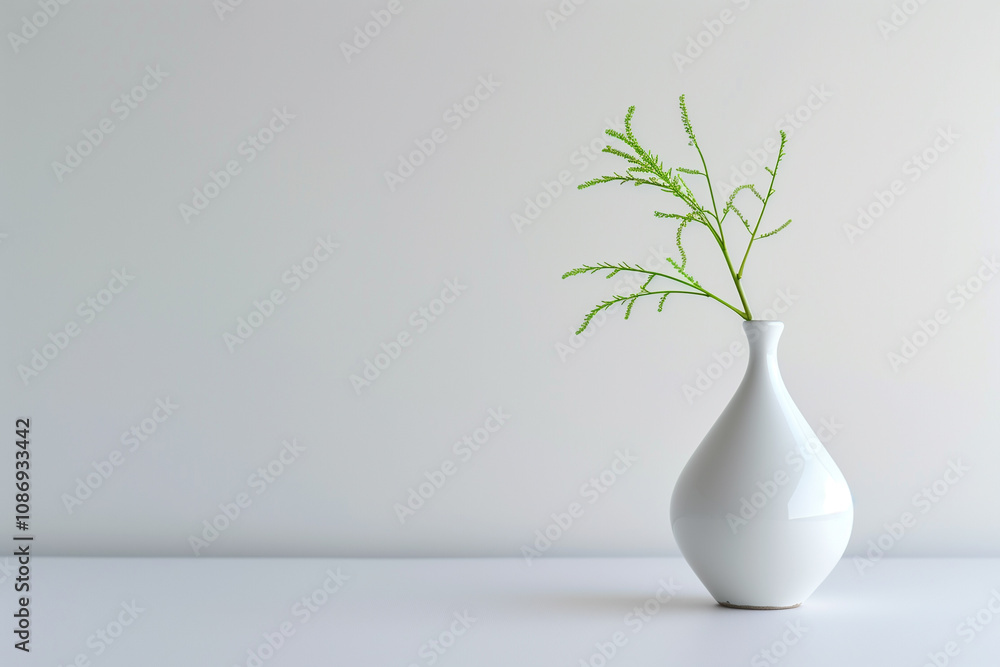 A simple, modern white vase with a single green stem on a plain background. A simple, modern white vase with a single green stem on a plain background.
