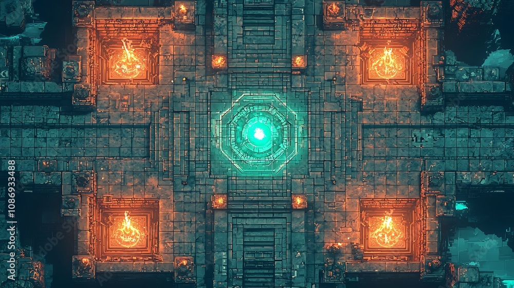 Obraz premium Mystical Teal and Orange Geometric Temple - Aerial View of Ancient Architecture with Glowing Centerpiece.