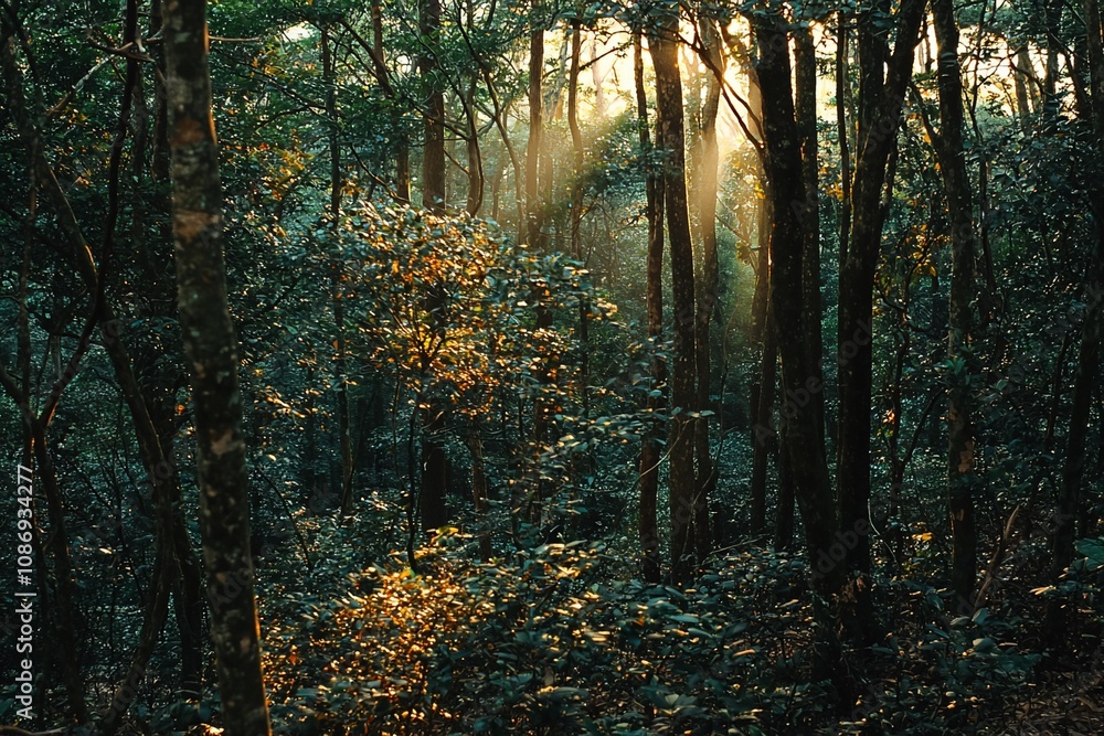 Obraz premium Serene Forest Light: A Glimpse of Nature's Tranquility