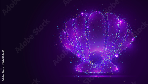 Silhouette of a seashell made of glowing, multicolored dots, resembling stars. The particles symbolize the beauty of nature, the ocean mysteries, and coastal serenity.