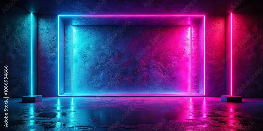 Abstract Neon Glowing Room with Wet Floor and Platforms Abstract Neon Glowing Room with Wet Floor and Platforms
