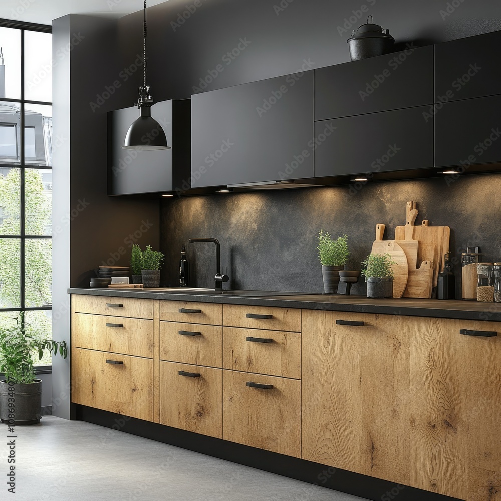 Fototapeta premium Nordic Kitchen with Wood Cabinets