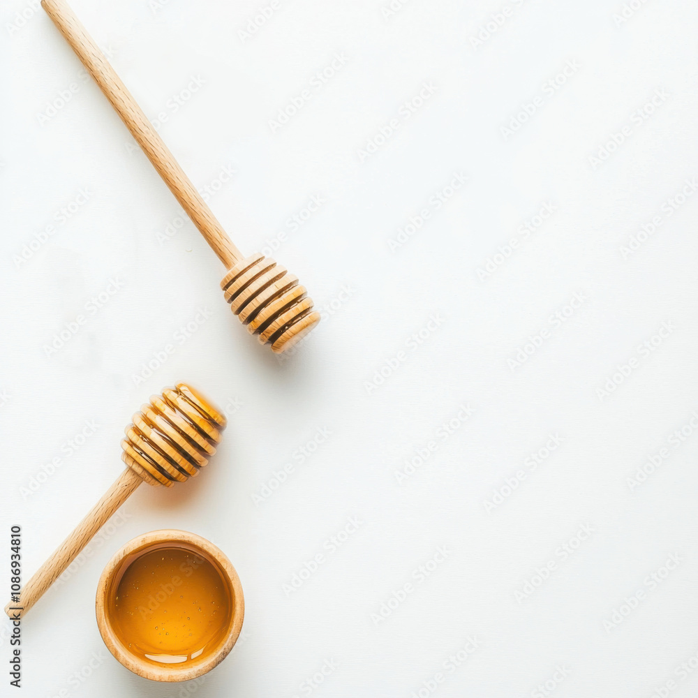 Organic Honey with wooden dipper isolated on white background, healthy food, food blog, minimal background, space for text Organic Honey with wooden dipper isolated on white background, healthy food, food blog, minimal background, space for text