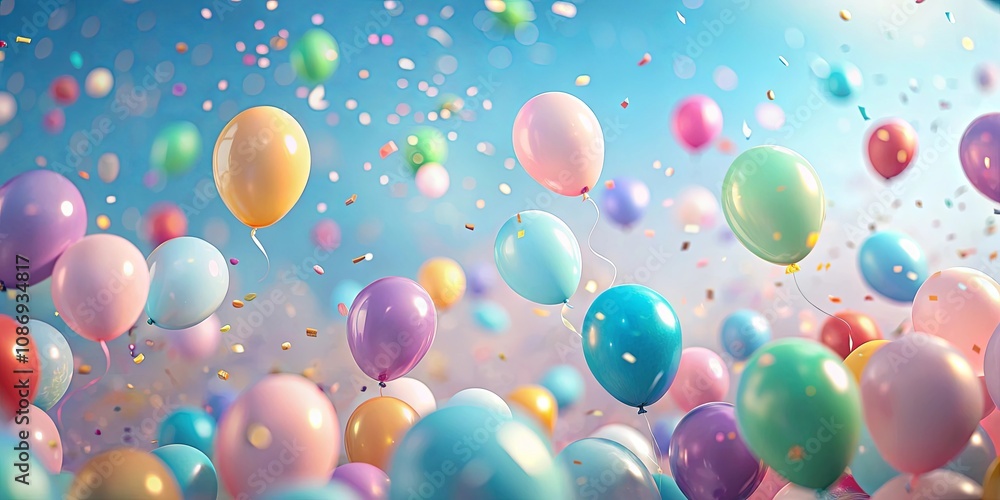 A jubilant array of pastel balloons ascends, adorned with glittering confetti against a bright, airy sky. A jubilant array of pastel balloons ascends, adorned with glittering confetti against a bright, airy sky.