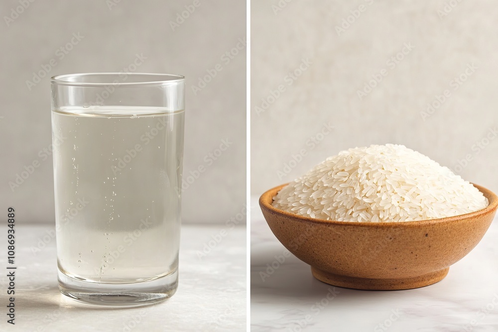 Glass of cloudy rice water beside bowl of white rice Glass of cloudy rice water beside bowl of white rice