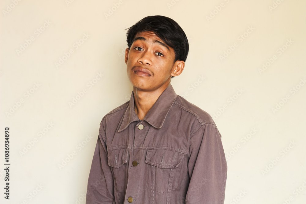 Young Asian man with a limp and tired facial expression isolated on a white background. Young Asian man with a limp and tired facial expression isolated on a white background.