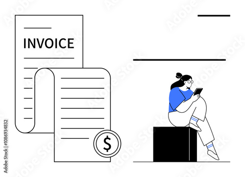 Large invoice document with dollar sign, woman sitting on block using tablet. Ideal for finance, small businesses, accounting, billing, online payments, productivity bookkeeping. Line metaphor