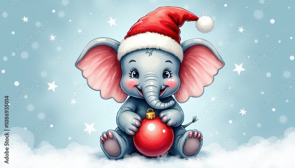 A joyful baby elephant wearing a red Santa hat holding a Christmas bauble isolated on a solid sky blue background full of cheer. A joyful baby elephant wearing a red Santa hat holding a Christmas bauble isolated on a solid sky blue background full of cheer.