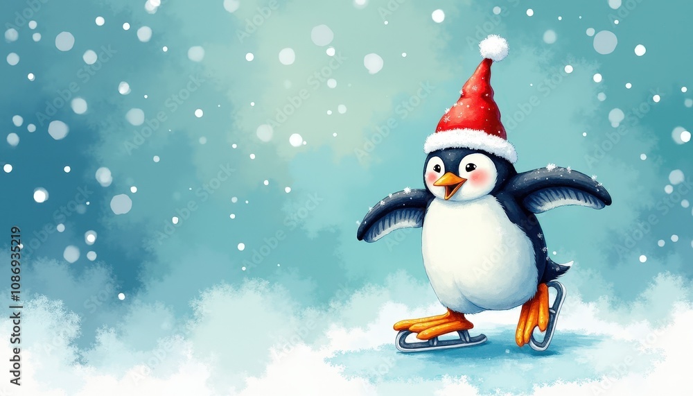 A joyful penguin wearing Santa hat ice skating on a festive solid aqua backdrop capturing the playful Christmas spirit. A joyful penguin wearing Santa hat ice skating on a festive solid aqua backdrop capturing the playful Christmas spirit.