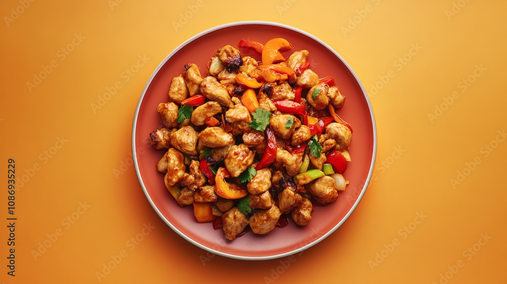 Delicious Kung Pao Chicken yummy grilled meat sweet and sour sauce vegetables fresh orange background. food photography advertising fashion restaurant cuisine gourmet wallpaper Delicious Kung Pao Chicken yummy grilled meat sweet and sour sauce vegetables fresh orange background. food photography advertising fashion restaurant cuisine gourmet wallpaper