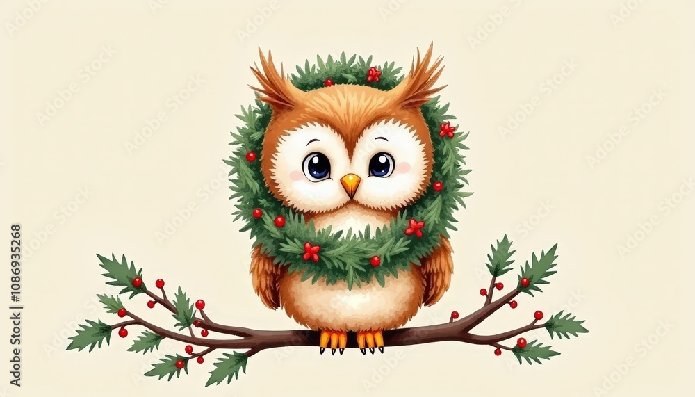 An adorable baby owl wearing a Christmas wreath perched happily isolated on a cream-colored solid background with holiday spirit. An adorable baby owl wearing a Christmas wreath perched happily isolated on a cream-colored solid background with holiday spirit.