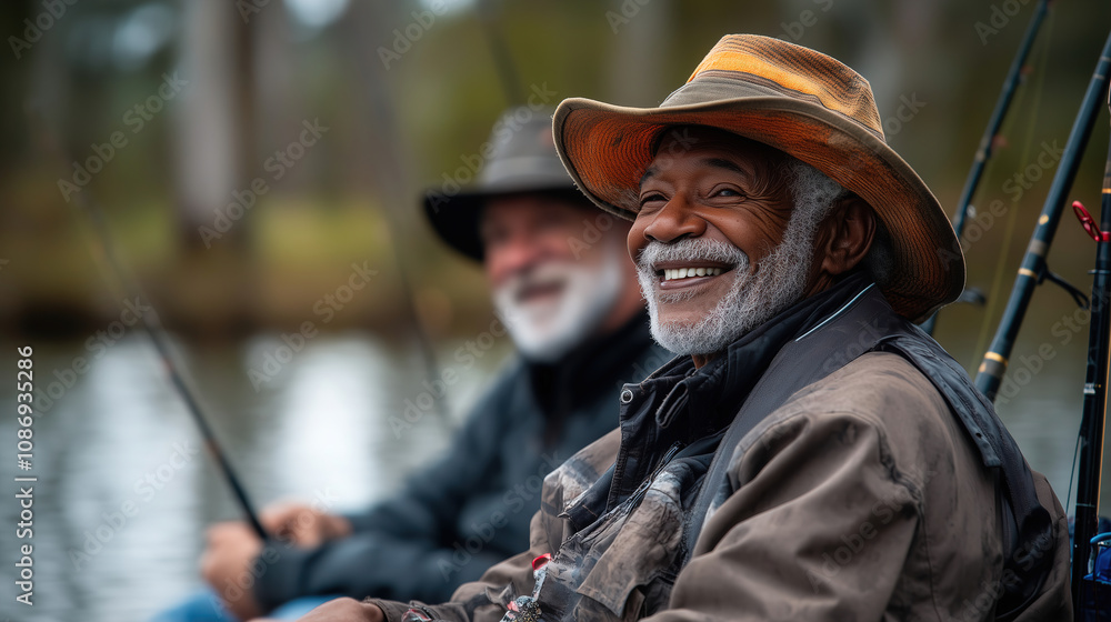 Two smiling fishermen enjoy a peaceful afternoon at the lake, surrounded by nature and fishing gear, creating lasting memories. Generative AI Two smiling fishermen enjoy a peaceful afternoon at the lake, surrounded by nature and fishing gear, creating lasting memories. Generative AI