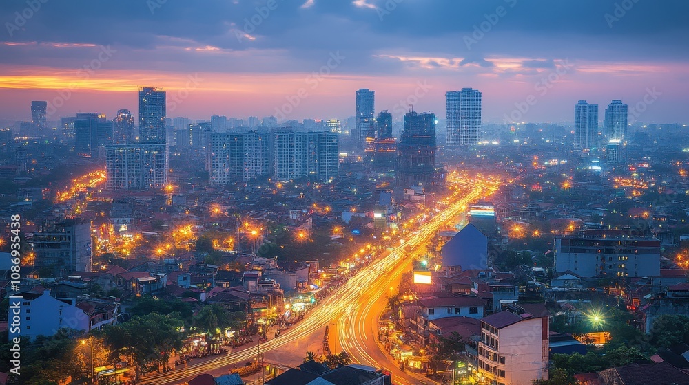 Fototapeta premium Cityscape with a vibrant twilight sky. The photo captures the bustling energy of a modern metropolis at dusk.