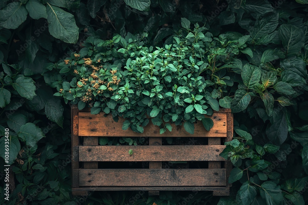 Wooden crate with a variety of fresh green potted culinary herbs growing outdoors in a backyard garden Wooden crate with a variety of fresh green potted culinary herbs growing outdoors in a backyard garden
