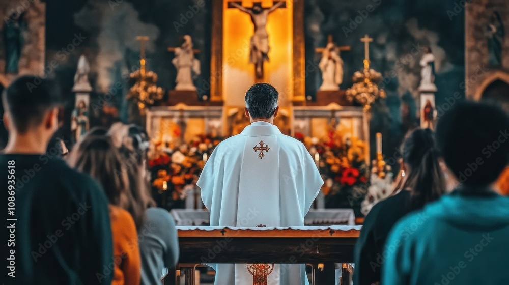 Priest Leading Catholic Mass Congregation Worship Priest Leading Catholic Mass Congregation Worship
