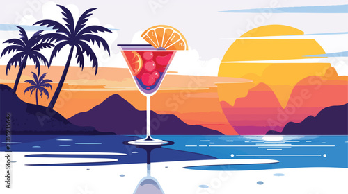 Tropical Night Landscape Cocktail Glass Illustration