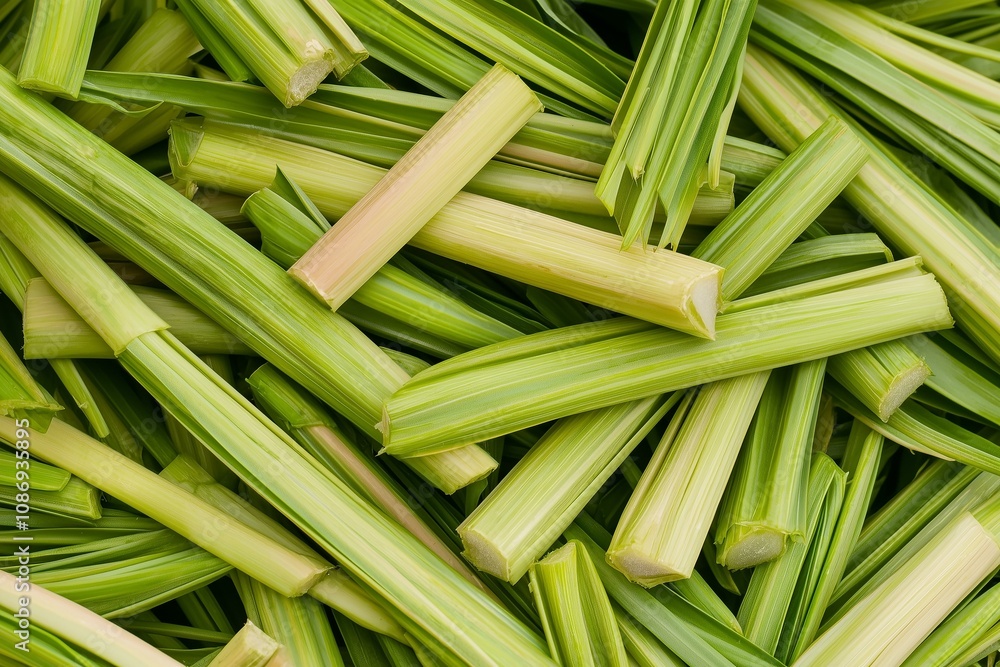 Bunch of Fresh Lemongrass Stalks Captured in Close-Up, Emphasizing Their Vibrant, Fragrant Appearance. Suitable for Culinary Articles, Natural Ingredient Catalogs, or Organic Product Packaging. Bunch of Fresh Lemongrass Stalks Captured in Close-Up, Emphasizing Their Vibrant, Fragrant Appearance. Suitable for Culinary Articles, Natural Ingredient Catalogs, or Organic Product Packaging.