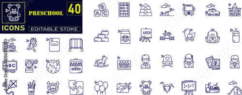 Set of line icons related to preschool, child, kindergarten, kid, cognitive icons .