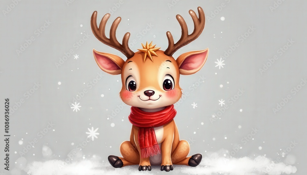 A baby reindeer calf in red Christmas scarf isolated on a solid grey backdrop with cheerful holiday atmosphere. A baby reindeer calf in red Christmas scarf isolated on a solid grey backdrop with cheerful holiday atmosphere.