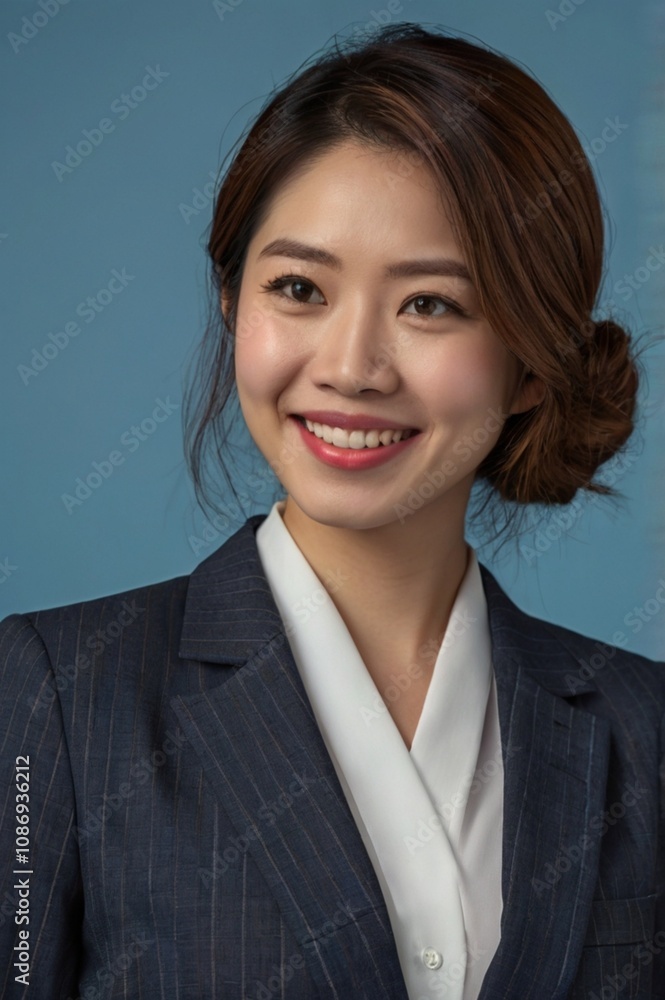 Studio shot of Cheerful portrait close up korean business woman while standing with suits with a blue background. Studio shot of Cheerful portrait close up korean business woman while standing with suits with a blue background.