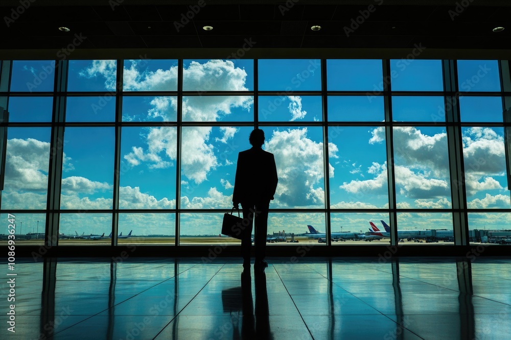 Silhouette of a person with a suitcase in an airport waiting area, looking at an airplane taking off through a window. Silhouette of a person with a suitcase in an airport waiting area, looking at an airplane taking off through a window.