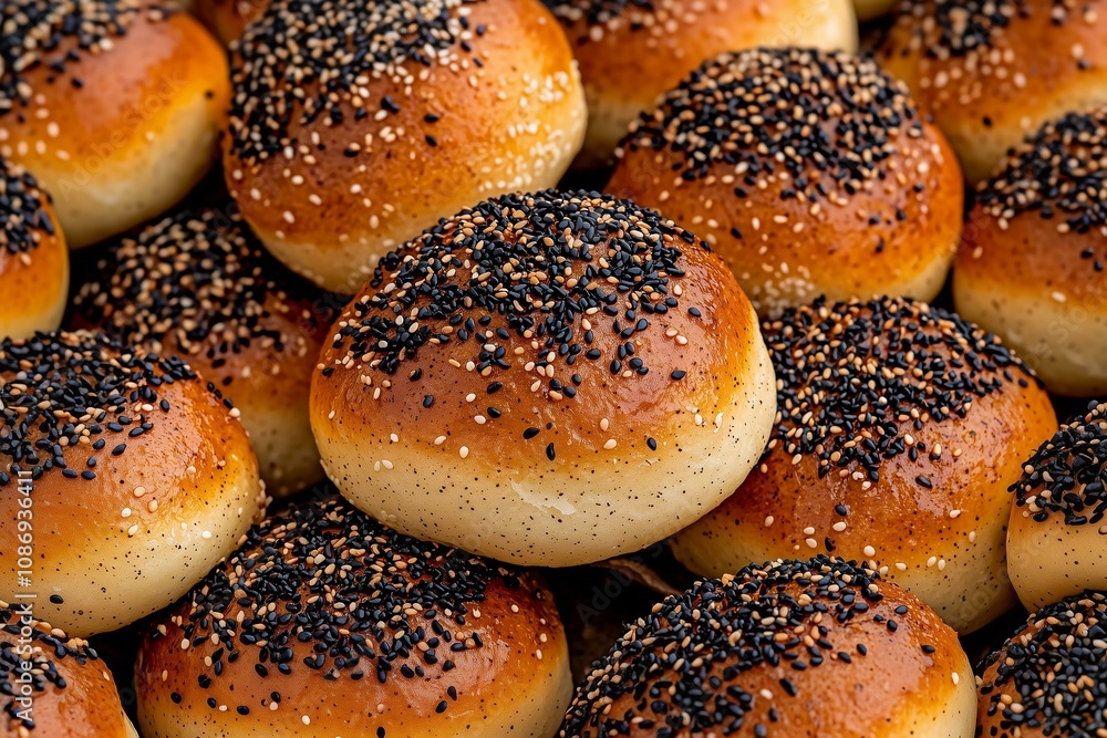 Warm Fluffy Buns with a Golden Crust and Black Sesame Seeds, Highlighting a Perfectly Baked Finish. Great for Food Photography, Bakery Menus, or Blog Features Warm Fluffy Buns with a Golden Crust and Black Sesame Seeds, Highlighting a Perfectly Baked Finish. Great for Food Photography, Bakery Menus, or Blog Features