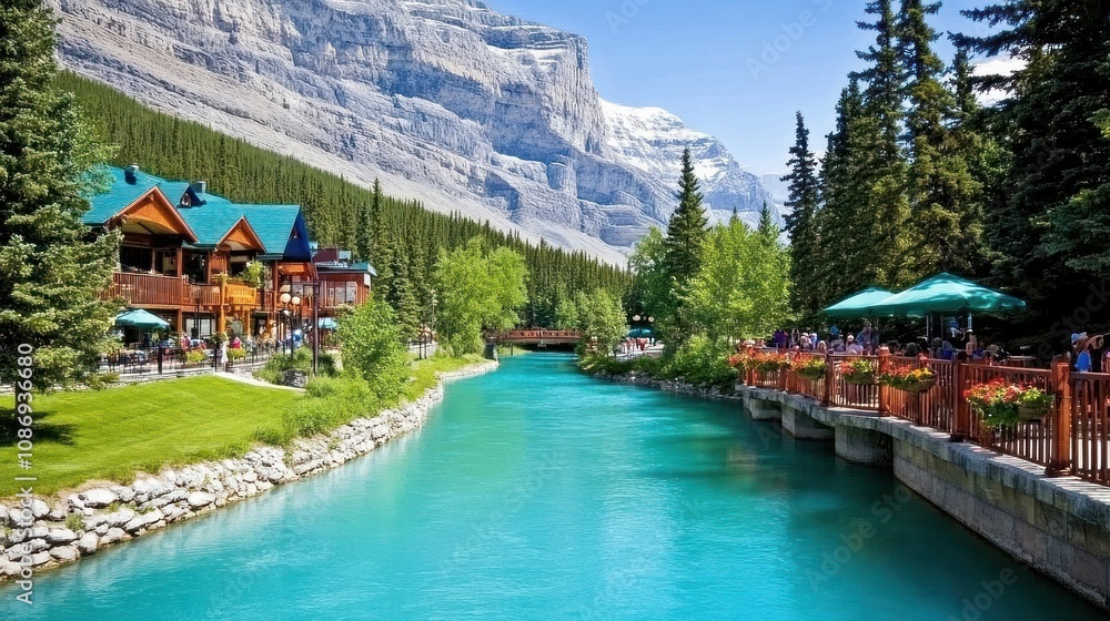 Fototapeta premium Mountain Village Canal Scene With Vibrant Turquoise Water