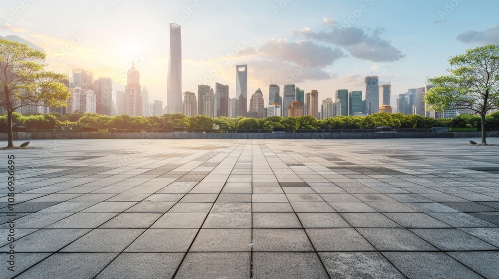 Empty square floor with city skyline background, Urban Glow cityscape photography, midday lighting Empty square floor with city skyline background, Urban Glow cityscape photography, midday lighting