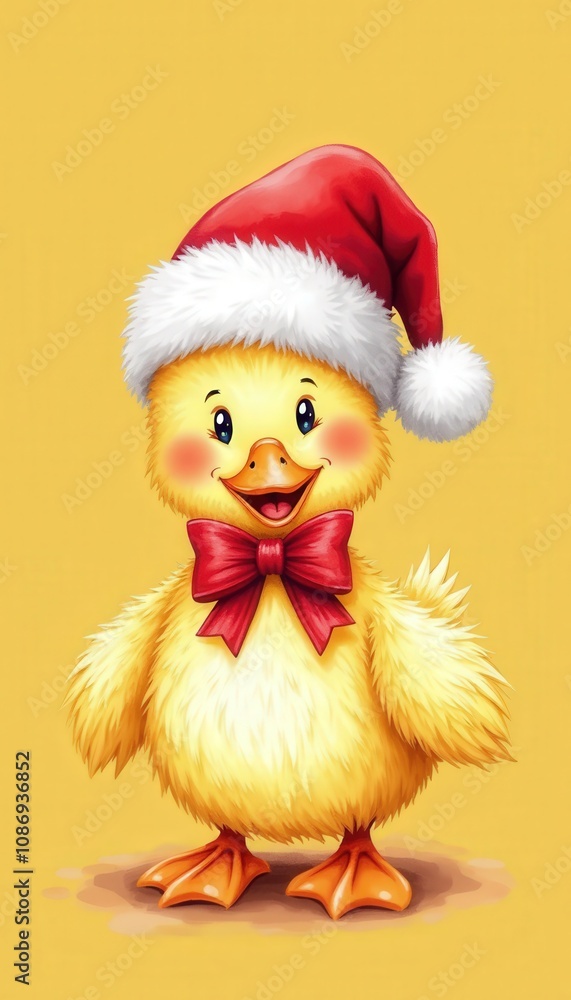 A cute baby duck wearing a Santa hat with a red Christmas bow isolated on a bright solid yellow background full of holiday cheer. A cute baby duck wearing a Santa hat with a red Christmas bow isolated on a bright solid yellow background full of holiday cheer.