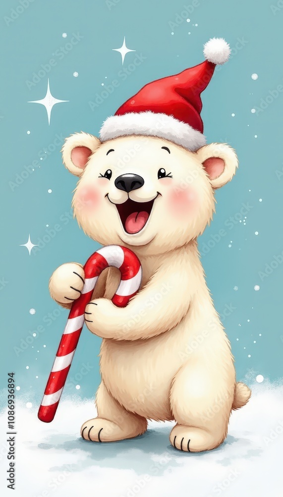 An excited polar bear cub holding a red and white candy cane on a solid light blue background evoking warm Christmas joy. An excited polar bear cub holding a red and white candy cane on a solid light blue background evoking warm Christmas joy.
