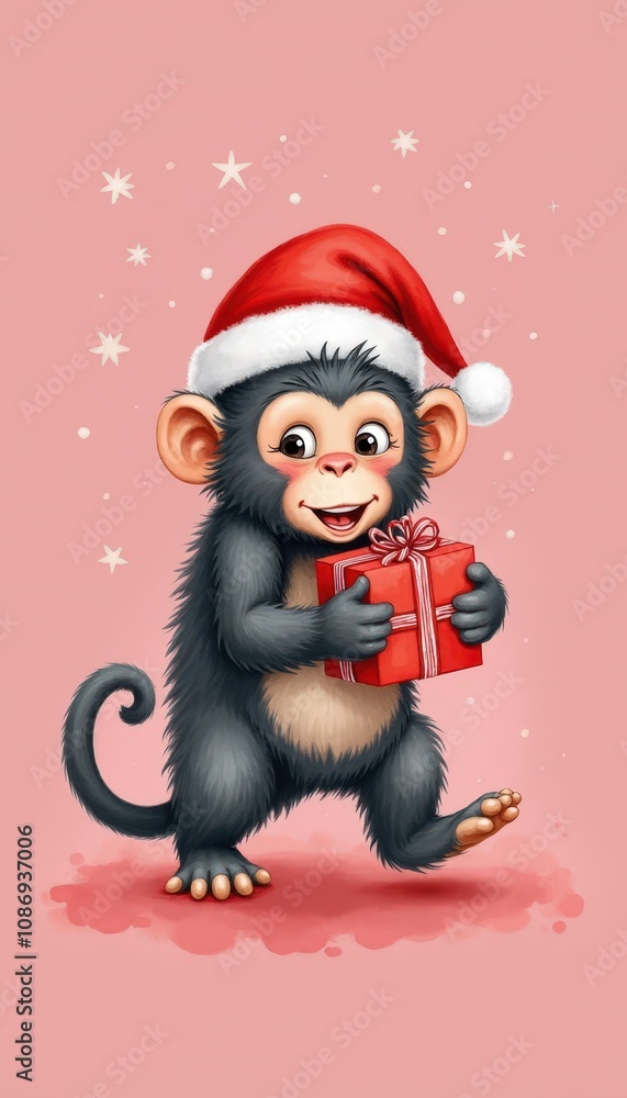 A playful monkey wearing a tiny Santa hat carrying a small Christmas gift isolated on a bright solid pink background filled with cheer. A playful monkey wearing a tiny Santa hat carrying a small Christmas gift isolated on a bright solid pink background filled with cheer.
