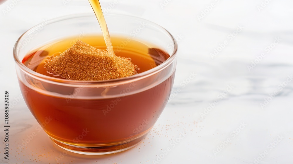 Brown sugar vegan powder on tea A warm cup of tea with sugar being added, showcasing a comforting beverage on a light marble surface. Brown sugar vegan powder on tea A warm cup of tea with sugar being added, showcasing a comforting beverage on a light marble surface.