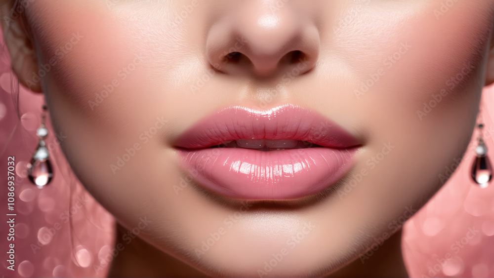 Fototapeta premium Plump lipped woman with voluminous lip serum hydrating droplets juicy tint blurred rose background