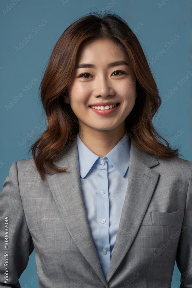 Studio shot of Cheerful portrait close up korean business woman while standing with suits with a blue background. Studio shot of Cheerful portrait close up korean business woman while standing with suits with a blue background.